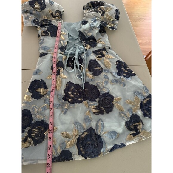 Lulu’s Cheerfully Perfect Blue Floral Jacquard Puff Sleeve Mini Dress Size M New - Picture 8 of 15